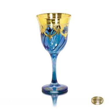 Imagem de Taça Vinho Cristal Italiano Azul Guirlandas em Ouro Prensado - LUXdéco