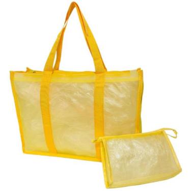 Imagem de Bolsa Feminina Amarela Com Necessaire Ziper Academia Praia Viagem Saco