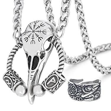 Imagem de Colar com pingente de caveira BaviPower Runic Huginn Raven com símbolo de Aegishjalmur Helm of Awe ♦ Aço inoxidável ♦ Colar nórdico escandinavo ♦ Joia Viking autêntica