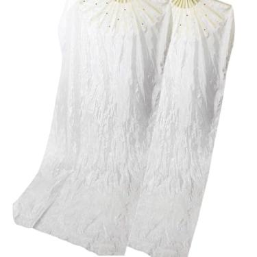 Imagem de SCDZCAR 1 par de leques de seda artificial de dança do ventre de 1,8 m véus de bambu feitos à mão chineses leques longos adoração louvor bandeira flâmula (branca)