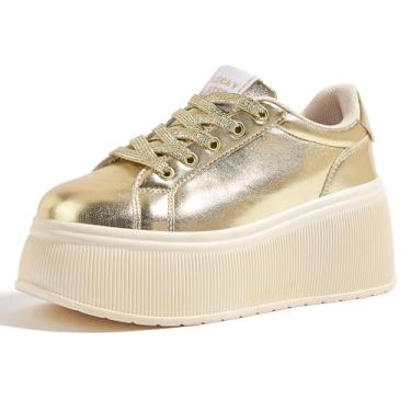 Imagem de LUCKY STEP Tênis feminino moderno plataforma clássico lona casual cano baixo retrô tênis de caminhada, Dourado, 34