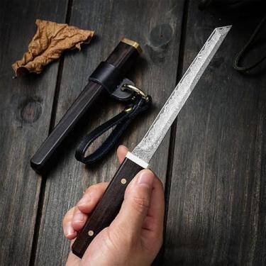 Imagem de LIUZHANGYU Mini faca Katana, faca de lâmina fixa de aço damasco, espada japonesa com cabo de ébano, abridor de cartas para presente de coleção de exibição, preto/prata