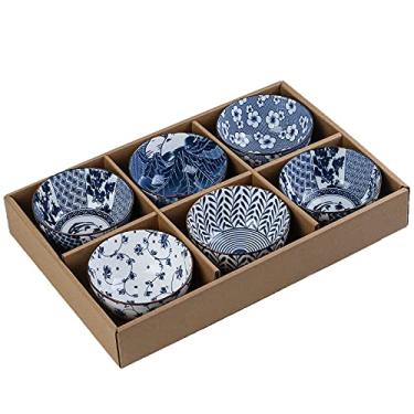 Imagem de Gegong Pacote com 6 tigelas de cerâmica, tigelas de arroz estilo japonês, tigelas de porcelana azul e branca espessas de 283 g, tigelas de cereal para cozinha, adequadas para micro-ondas, fornos, máquina de lavar louça (misturar)