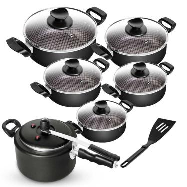 Imagem de Jogo De Panelas Antiaderente Spesso Caçarola Com Panela de Pressão Preto 6 Peças Patolux