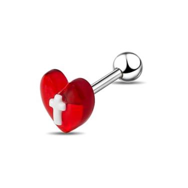 Imagem de OFDNE Piercing de língua em forma de coração, joia de resina com barra e design personalizado de coração vermelho, fofo, doce, piercing de língua, joia de perfuração humana para mulheres e homens, Sem