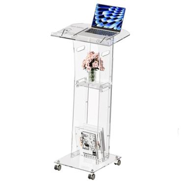Imagem de RexTact Suporte de pódio de acrílico, pódio portátil de 124 cm de altura com rodas bloqueáveis, púlpitos transparentes e pódio com prateleira de armazenamento para sala de aula, pódio de púlpito para