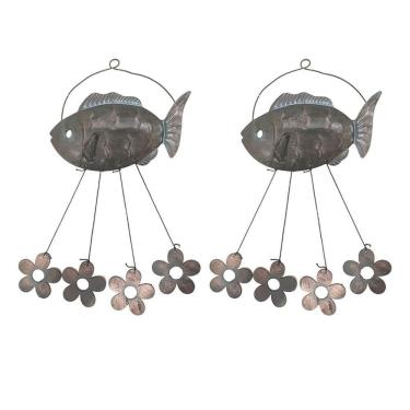 Imagem de Sino Dos Ventos Peixe Flores Kit 2 Unidades Decoraçao Varanda Enfeite Quintal Jardim Ambiente Externo