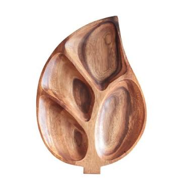 Imagem de PALPLUS Bandeja de servir com 4 compartimentos em forma de folha de madeira de acácia premium – Travessa dividida de madeira natural para lanches, aperitivos, frutas e sobremesas