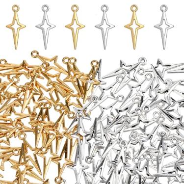 Imagem de YQQYG 100 pingentes de estrela, pingente de estrela de prata dourada para fabricação de joias, 2,3 x 1 cm mini pingentes de estrela de quatro pontas de metal oco para artesanato DIY, colar, brinco,
