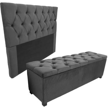 Imagem de Kit Baú New 140x40x45cm e Cabeceira Estofada Modelo Até o Chão com 140x117cm Na Cor Cinza Escuro