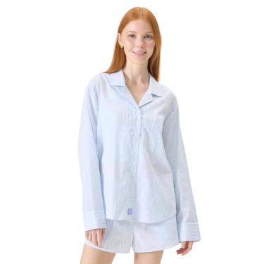 Imagem de Camisa de dormir florence by mills feminina de manga comprida branca com listras azuis