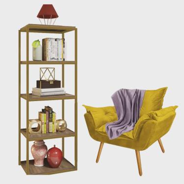 Imagem de Kit Poltrona Fatte com Manta Soft Lilás e Estante Livreiro Ferro Dourado mdf Carvalho Suede Amarelo - Ahazzo Móveis