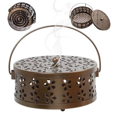 Imagem de Suporte de bobina de mosquito, suporte de bobina de incenso de metal com LIDA e alça design floral oco clássico, queimador de incenso em espiral portátil para uso doméstico, ao ar livre, suporte de