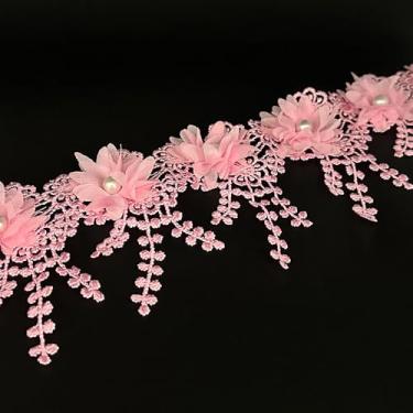 Imagem de 2 jardas flor pérola contas borda acabamento fita apliques florais tecido renda costura renda para casamento vestido de noiva roupas fantasia chapéu decoração (rosa, 2 jardas)