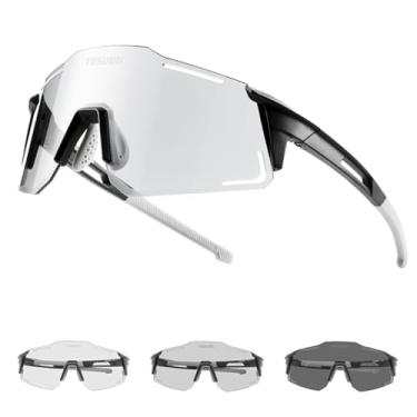 Imagem de TOSUOD Óculos de sol para ciclismo e corrida, 100% de proteção UV, fotocromático, sem moldura, à prova de estilhaçamento, lentes maciças, braços e nariz ajustáveis, Preto, One Size