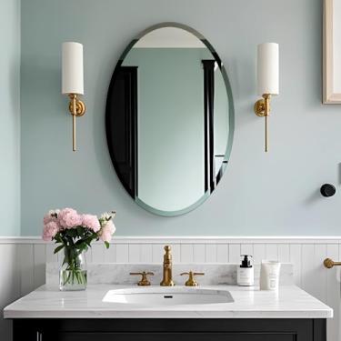 Imagem de Ruomeng Espelho de banheiro para pia, espelho oval sem moldura, espelho polido chanfrado para banheiro, quarto, penteadeira e entrada 40 x 61 cm