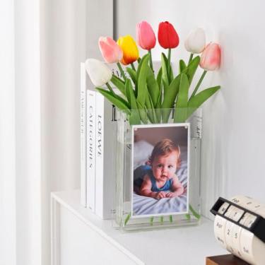 Imagem de Puransen Vaso magnético para moldura fotográfica – Vaso de flores transparente em forma de livro, suporte de fotos 10 x 15 cm para mesa e estante | Decoração moderna de acrílico cristalino para casa