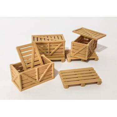 Imagem de 3 mini pallets e 3 caixas 1:64 de transporte e armazenamento 1/64 paletes dioramas