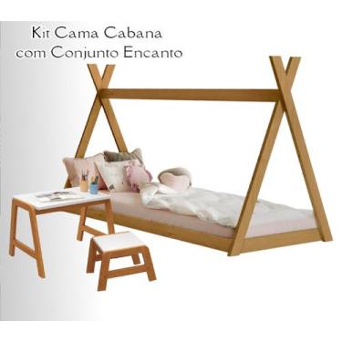 Imagem de Kit Cama Cabana Montessoriana Madeira com Mesinha Atividades e Banquin