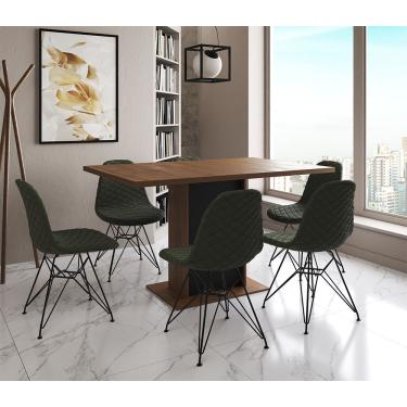 Imagem de Mesa Jantar Londres Retangular Amêndoa 137X90 Base Preta 6 Cadeiras Estofadas Verde Ferro Preto