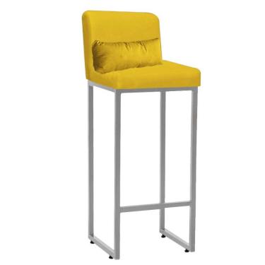 Imagem de Banqueta Alta Com Encosto Industrial Ferro Cinza Corino Amarelo E Almofada Amarelo - Amey Decor