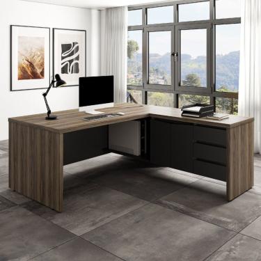 Imagem de Mesa Em L Escritório 2 Portas 3 Gavetas Y37 Artany Nogal/Preto