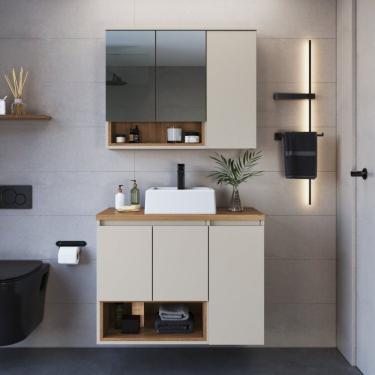 Imagem de Conjunto Para Gabinete Suspenso 80cm Com Cuba E Espelheira 3 Portas E Nicho Cecília Mel/arenas