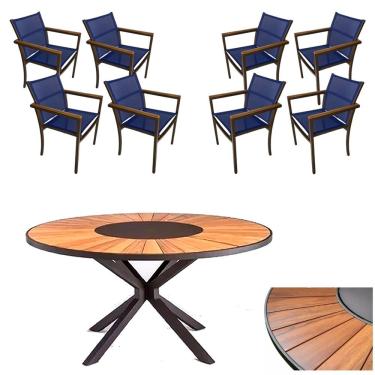 Imagem de Conjunto De Mesa Jantar 1,80m Zurick Madeira Pétalas 8 Poltronas Amélia Tela Sling E Alumínio Azul