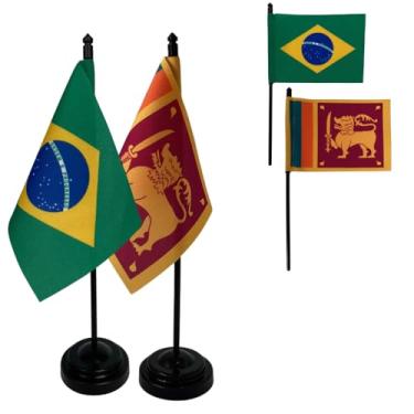 Imagem de Kit Bandeiras de Mesa Brasil e Sri Lanka, Base e Haste em Plástico Preto, Tecido Oxford, Uma Face