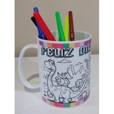 Imagem de Caneca Polímero DINOSSAURO para colorir 325ml com 6 canetinhas hidrogr