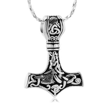 Imagem de AIWENXI Mjolnir Thors Martelo Cremação Joias Urna Colares para Cinzas para Homens Mulheres Nó Celta Nó Nórdico Viking Memorial Humano/Pet Ash Pingentes Colares para Cinzas Medalhão Lembranças Joias,