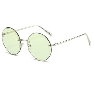 Imagem de Óculos de sol redondos sem aro, masculino e feminino, armação grande, vintage, com lentes UV400 (prata-verde)
