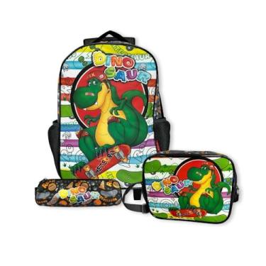 Imagem de Mochila Escolar Infantil Dinossauro, 3 Peças, Mochila com Rodinhas Lancheira Térmica Estojo, Preto KIT COM 2