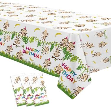 Imagem de HIPVVILD Toalha de mesa para decoração de aniversário de macaco, pacote com 3, descartável, selva, safári, tema animal selvagem, material de festa de macaco, capa de mesa para chá de bebê, 218 x 139