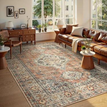 Imagem de Tapetes orientais Lahome laváveis, 2,4 m x 3 m, antiderrapantes, macios, resistente a manchas, ultrafino, toque vintage, para sala de estar, quarto, sala de jantar e escritório, terracota