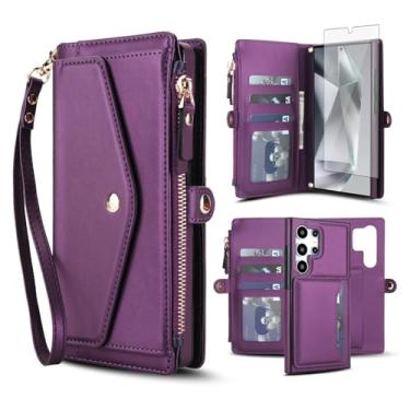 Imagem de Capa de telefone para Samsung Galaxy S24 Ultra 5G capa carteira compatível com Magsafe RFID protetor de tela transversal alça alça flip porta-cartões com zíper celular S24Ultra 24S S 24 24Ultra roxo