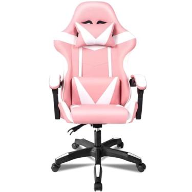 Imagem de Cadeira Gamer Ergonômica, Giratória 360°, Rosa e Branco, Altura Ajustável, Suporte Lombar, 127cm