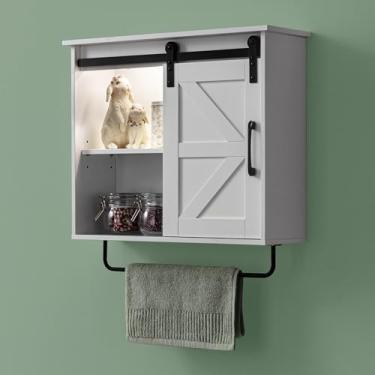 Imagem de Armário de parede de banheiro sobre vaso sanitário porta deslizante armário de remédios de madeira com barra de toalha sensor de movimento prateleiras ajustáveis branco acima do vaso sanitário para