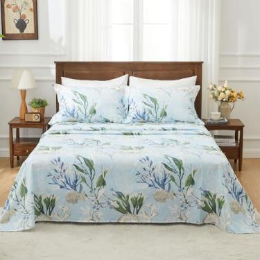Imagem de Kingrest Jogo de cama solteiro 100% algodão GG - 4 peças de lençóis leves e refrescantes, bolso profundo de 40,6 cm, roupa de cama percal respirável, lençóis luxuosos macios e duráveis (folhas azuis)