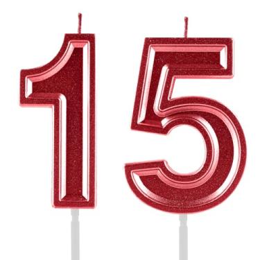 Imagem de Velas de aniversário de 15 anos, numerais vermelhos, 15 topper de bolo, decoração para meninas e meninos, tema de aniversário, festa de casamento, artigos de celebração