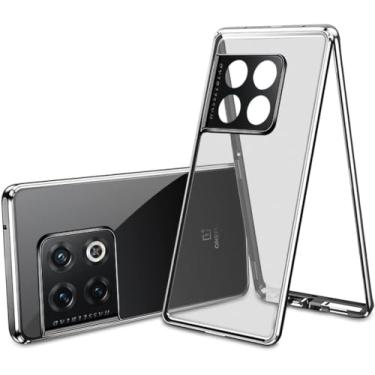 Imagem de QUIETIP Capa compatível com OnePlus 10 Pro, moldura de metal magnética transparente vidro temperado + PC rígido fosco traseira antiderrapante à prova de choque com protetor de câmera, branco prateado