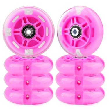 Imagem de Gladeer Rodas de skate em linha iluminadas 85A para ambientes internos e externos com rolamentos ABEC-7 para crianças e crianças patins em linha iniciantes, pacote com 8 (rosa, 80 mm)