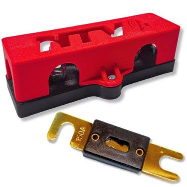 Imagem de Kit porta fusível anl 3 vias c/ tampa + fusível faca grande para som a