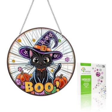 Imagem de VAIIEYO Enfeite para pendurar arte de diamante de Halloween, gato preto, cata-sol, kit de pendurar janela com corrente, pingente de cristal de 19 x 19 cm, artesanato para presente, decoração de parede