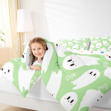 Imagem de Manfei Jogo de cama solteiro de fantasma de desenho animado para todas as estações, branco e verde, aquarela, decoração de quarto de adolescentes, feliz dia das bruxas, enchimento interno com 1 fronha