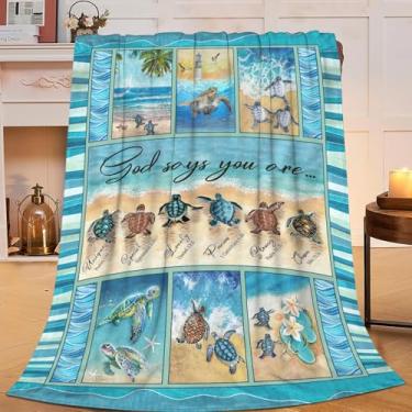 Imagem de Sweetfox Cobertor de tartaruga marinha cristã, decoração de tartaruga, cobertor God Says You are Inspirational Gifts for Girls Boys Super Warm Soft Plush Fleece Flanela Roupa de cama de inverno para