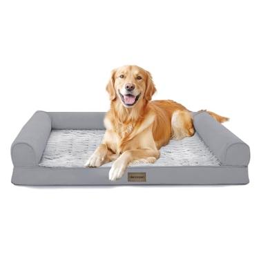 Imagem de Deconovo Cama de luxo para cães PV de veludo e linho com apoio de braço em forma de C, base antiderrapante com pontos antiderrapantes, capa lavável removível, enchimento de esponja de massagem para