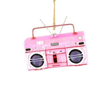 Imagem de The Bridge Collection Enfeite de vidro retrô Boombox – Caixa rosa de 12,7 cm, enfeite de Natal estéreo portátil