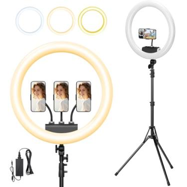 Imagem de Anel de luz com suporte e suporte de telefone, luz circular de selfie de LED de 48 cm com suporte de tripé ajustável, luz de LED profissional para transmissão ao vivo, barbeiro, maquiagem, YouTube