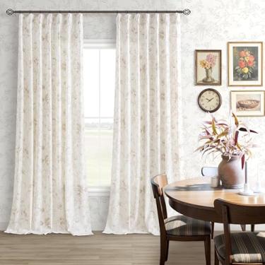 Imagem de Cortinas de linho floral vintage extralongas plissadas para sala de estar, quarto, café, bege, peônia, estampa de flor, cortina padronizada, casa de fazenda, campo com filtro de luz, beliscão